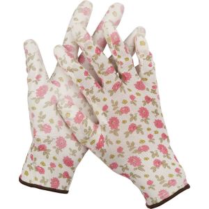 GRINDA M, бело-розовые, прозрачное PU покрытие, 13 класс вязки, садовые перчатки (11291-M)