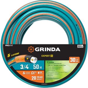 GRINDA EXPERT 5, 3/4″ 50 м, 30 атм, пятислойный, текстильное армирование, поливочный шланг, PROLine (429007-3/4-50)