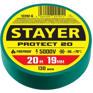 STAYER PROTECT-20, 19 мм х 20 м, 5 000 В, зеленая, изолента ПВХ, Professional (12292-G)