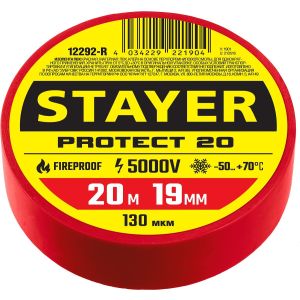 STAYER PROTECT-20, 19 мм х 20 м, 5 000 В, красная, изолента ПВХ, Professional (12292-R)